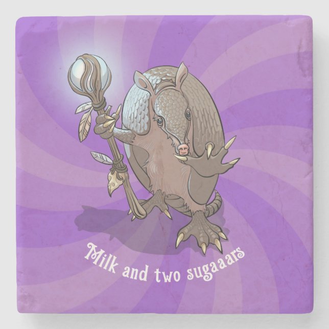 Funny Armadillo Milk & Two Sugars Hypnotic Cartoon Stone Coaster (Front)