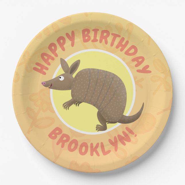 Funny armadillo personalised cartoon birthday paper plates (Front)