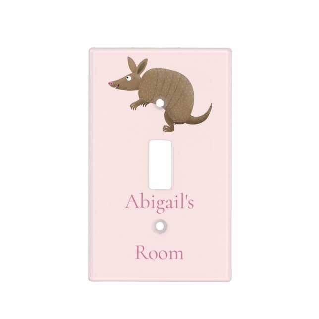 Funny armadillo pink personalised happy cartoon light switch cover (Front)