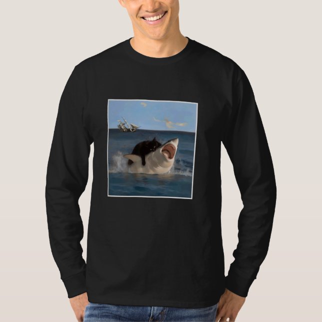 funny Art & Cat Lover Quote Cat Biting Shark Cool  T-Shirt (Front)
