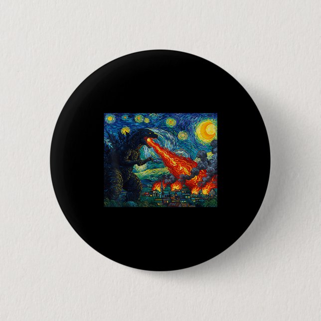 Funny Art Japanese Monster Kaiju In Van Gogh Starr Button (Front)