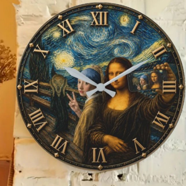 Funny Art Selfie Mona Lisa  Large Clock (Creator Uploaded)