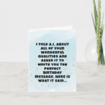 Funny Artificial Intelligence Boyfriend Birthday  Card<br><div class="desc">Capture the essence of your relationship with this sarcastic A.I. generated birthday message! This card is a masterpiece of backhanded humor,  crafted for those wonderful boyfriends who drive you crazy yet make you smile.</div>