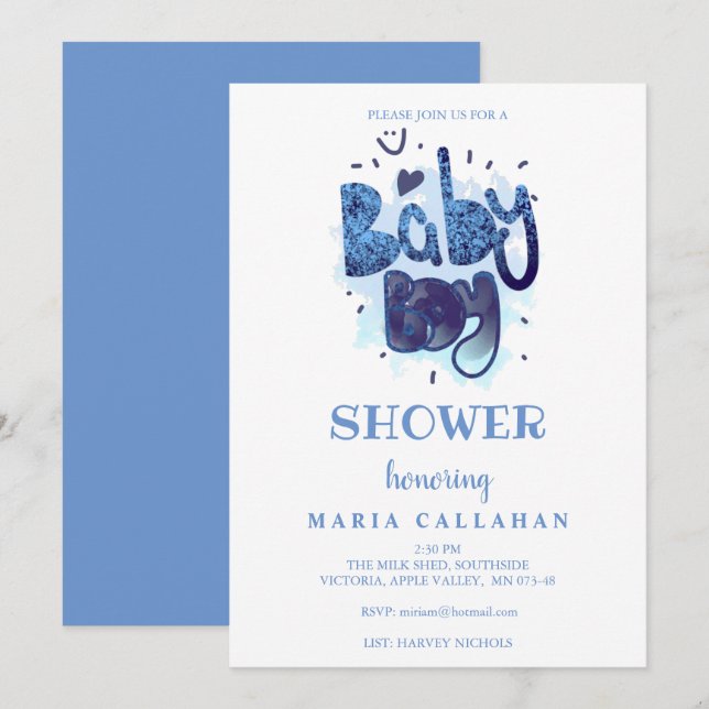 Funny Artistic Typography Blue Baby Boy Shower Invitation (Front/Back)