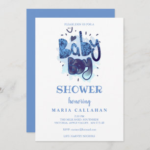 Funny Artistic Typography Blue Baby Boy Shower Invitation