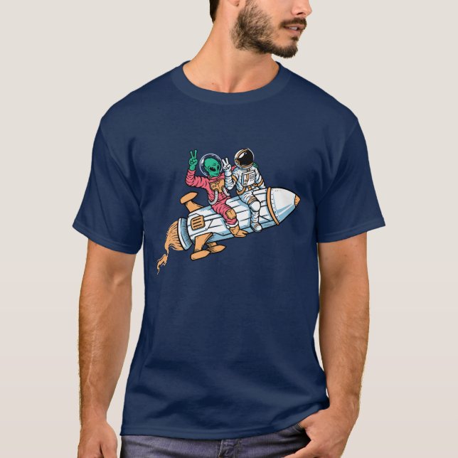 Funny Astronaut Alien Rocket Graphic Tee Space fun (Front)