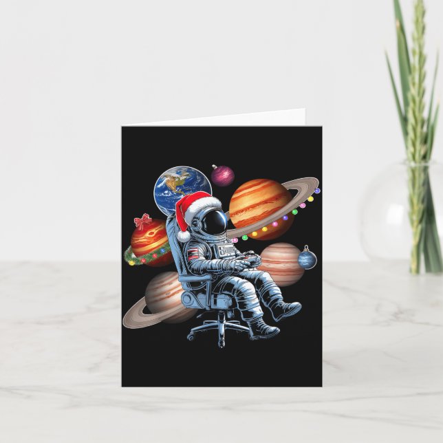 Funny Astronaut Christmas Space Lights Santa Hat P Card (Front)
