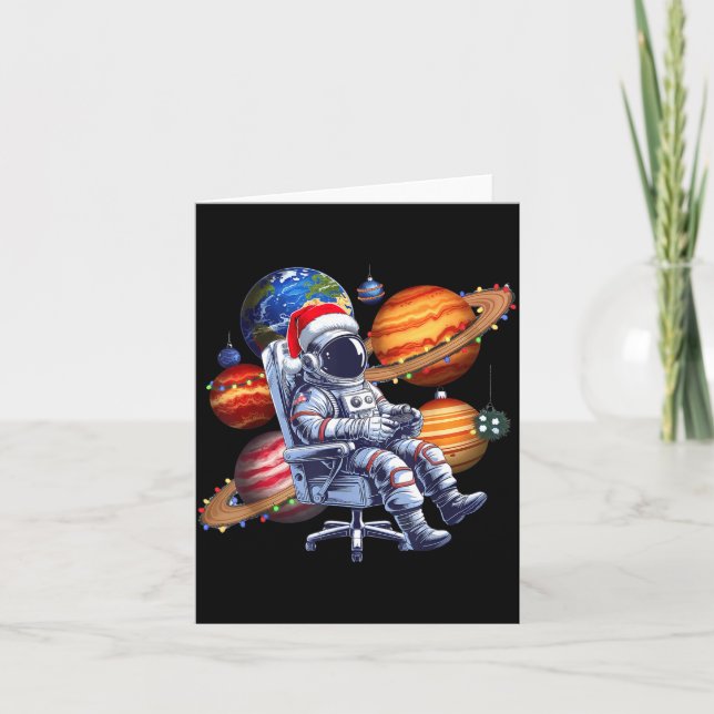 Funny Astronaut Christmas Space Lights Santa Hat P Card (Front)