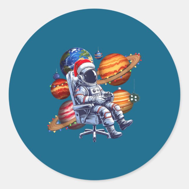 Funny Astronaut Christmas Space Lights Santa Hat P Classic Round Sticker (Front)