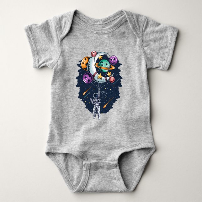 Funny Astronaut Holding a Balloon of Planets Baby Bodysuit (Front)