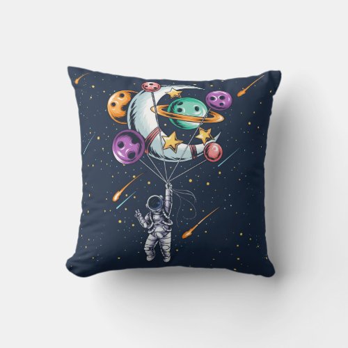 Funny Astronaut Holding a Balloon of Planets  Throw Pillow