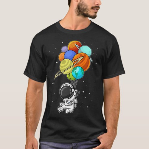 Funny Astronaut Holding Planet Balloons Space Kids T_Shirt