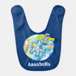 Funny astronaut in space and earth cartoon baby bib