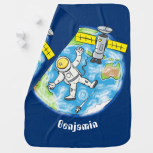 Funny astronaut in space and earth cartoon baby blanket