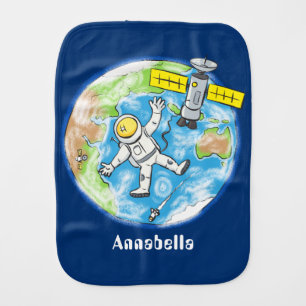 Funny astronaut in space and earth cartoon baby burp cloth