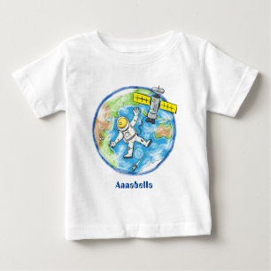 Funny astronaut in space and earth cartoon baby T-Shirt