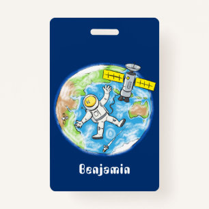 Funny astronaut in space and earth cartoon badge