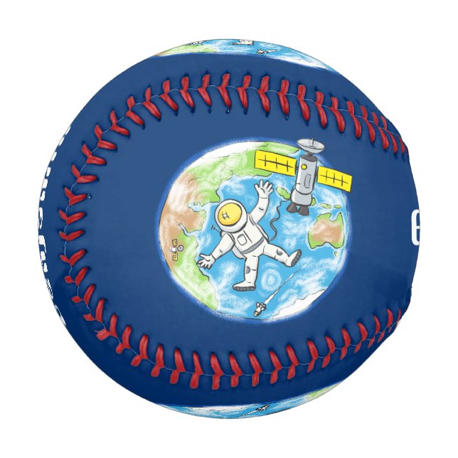 Funny astronaut in space and earth cartoon baseball (Front Left)