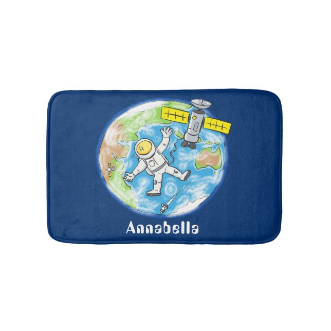 Funny astronaut in space and earth cartoon bath mat (Front)