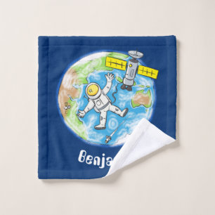 Funny astronaut in space and earth cartoon bath towel set