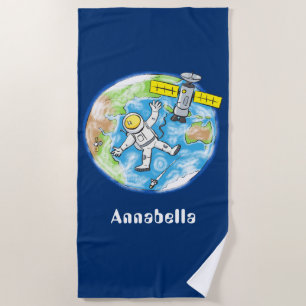 Funny astronaut in space and earth cartoon beach towel