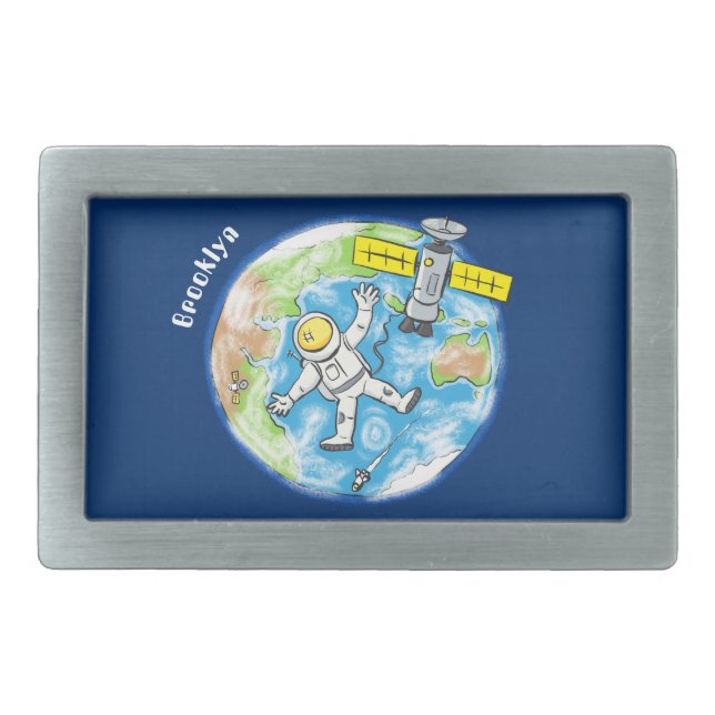 Funny astronaut in space and earth cartoon belt buckle (Front)