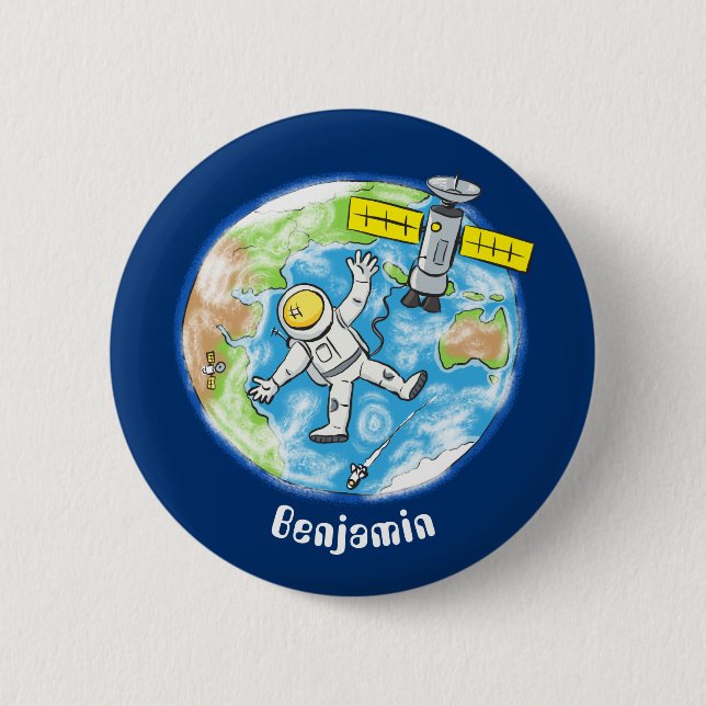 Funny astronaut in space and earth cartoon button (Front)