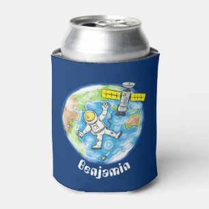 Funny astronaut in space and earth cartoon can cooler