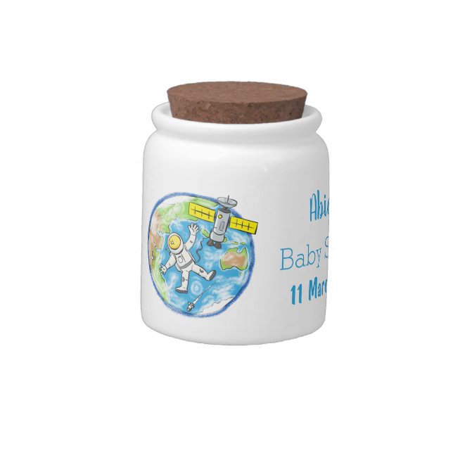 Funny astronaut in space and earth cartoon candy jar (Left)