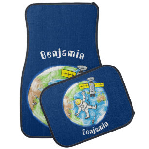 Funny astronaut in space and earth cartoon  car floor mat