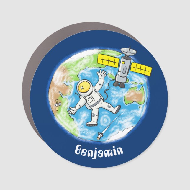 Funny astronaut in space and earth cartoon car magnet (Front)