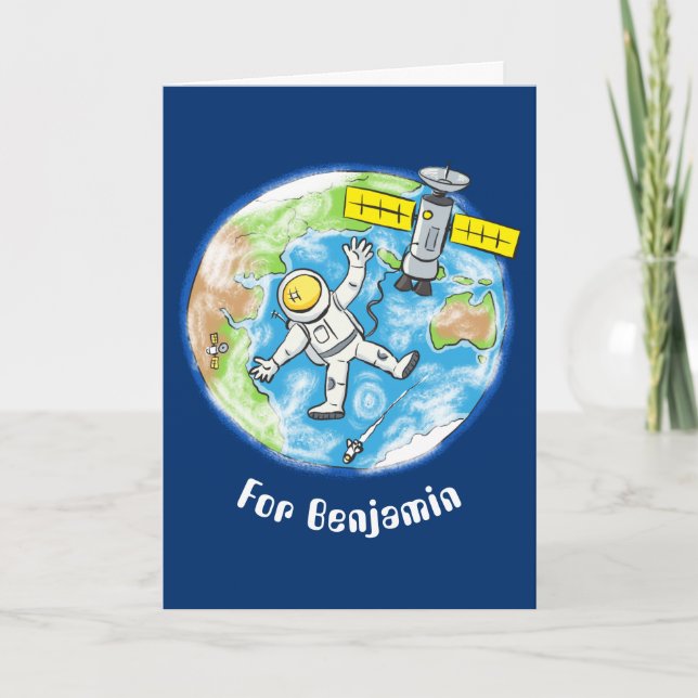 Funny astronaut in space and earth cartoon card (Front)