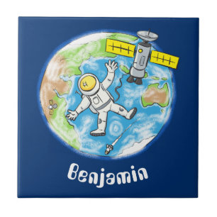 Funny astronaut in space and earth cartoon ceramic tile