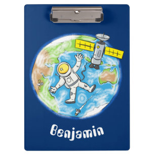 Funny astronaut in space and earth cartoon clipboard