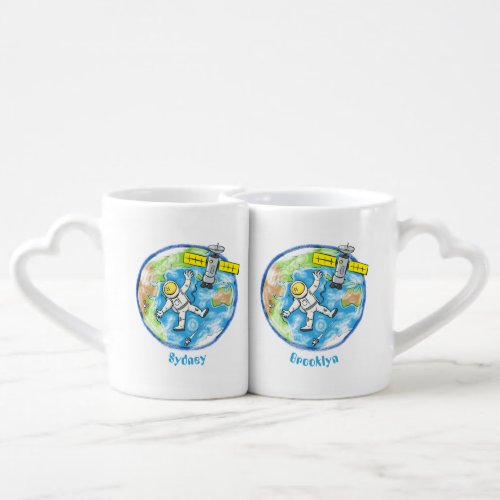 Funny astronaut in space and earth cartoon coffee mug set