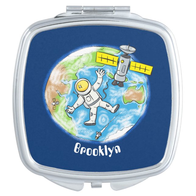 Funny astronaut in space and earth cartoon compact mirror (Front)