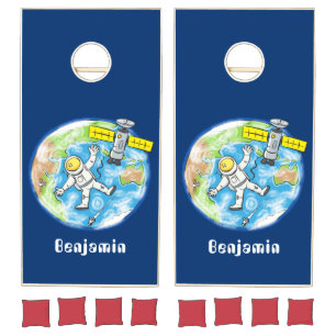 Funny astronaut in space and earth cartoon cornhole set