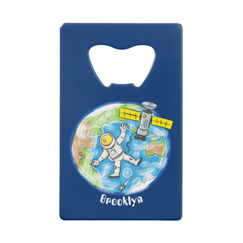 Funny astronaut in space and earth cartoon credit card bottle opener