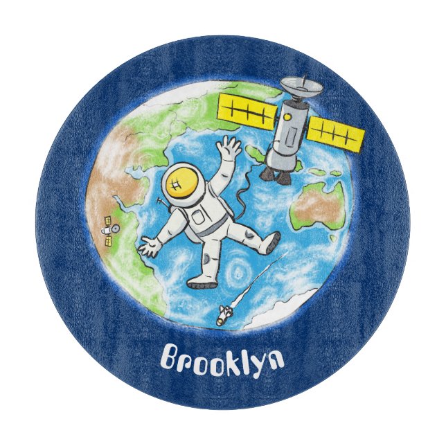 Funny astronaut in space and earth cartoon cutting board (Front)