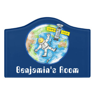 Funny astronaut in space and earth cartoon door sign