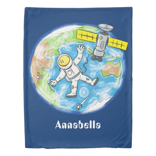 Funny astronaut in space and earth cartoon duvet cover