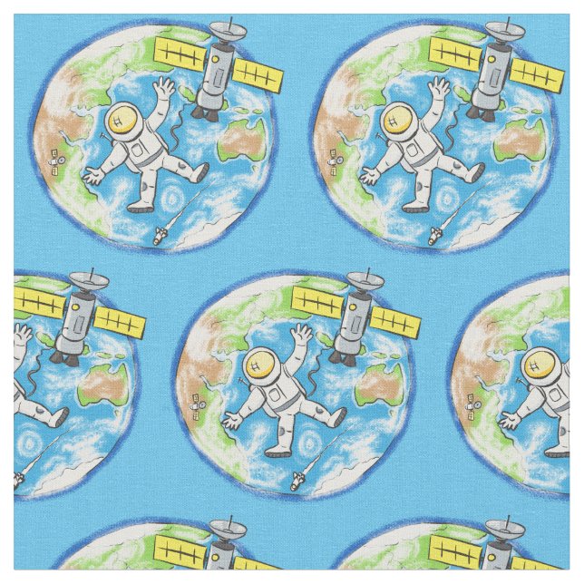 Funny astronaut in space and earth cartoon fabric (Close Up)