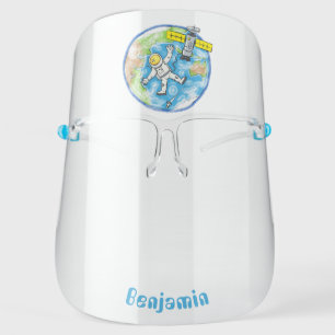 Funny astronaut in space and earth cartoon face shield