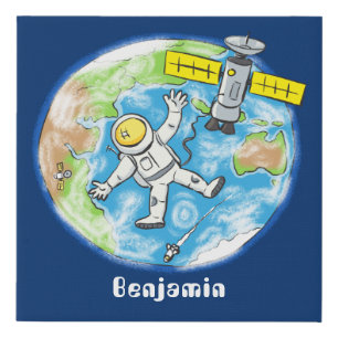Funny astronaut in space and earth cartoon faux canvas print