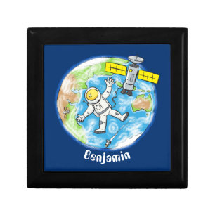 Funny astronaut in space and earth cartoon gift box