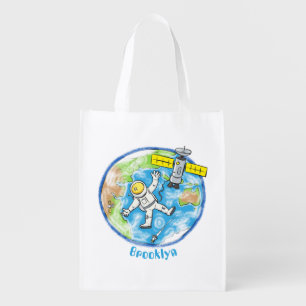 Funny astronaut in space and earth cartoon grocery bag