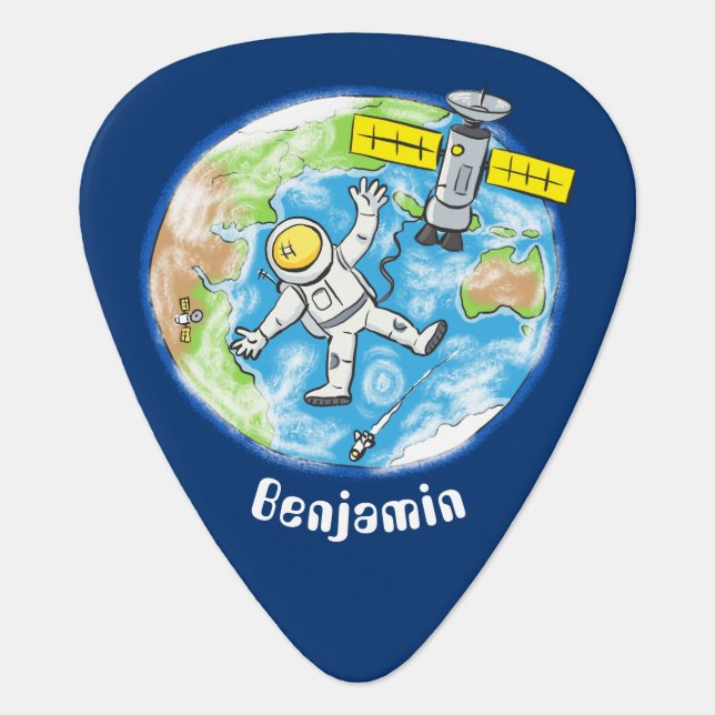 Funny astronaut in space and earth cartoon guitar pick (Front)