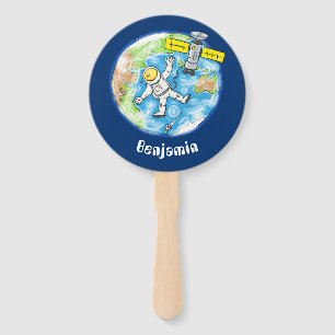 Funny astronaut in space and earth cartoon hand fan