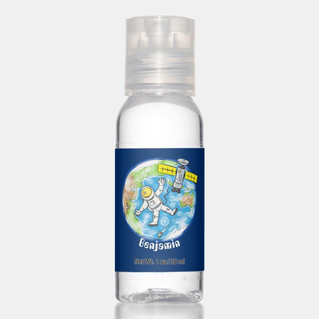 Funny astronaut in space and earth cartoon hand sanitizer (Front)