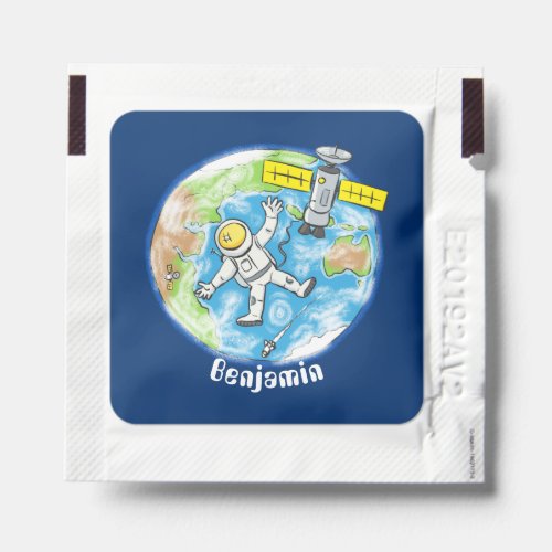 Funny astronaut in space and earth cartoon hand sanitizer packet